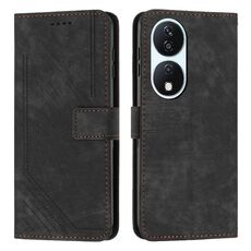 Per Honor X7b Custodia per telefono in pelle con motivo a strisce Skin Feel con cordino (nero)