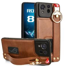 Custodia per telefono posteriore in pelle con cinturino per Asus ROG Phone 8 (marrone)