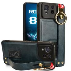 Custodia per telefono posteriore in pelle con cinturino per Asus ROG Phone 8 Pro (blu)