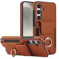 Per Samsung Galaxy S24+ 5G Custodia per telefono con supporto ad anello per porta carte elastica (marrone)