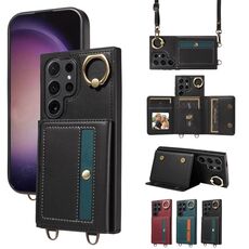 Per Samsung Galaxy S24 Ultra 5G Borsa a tracolla Portafoglio Porta anello Custodia in pelle per telefono (Nero)
