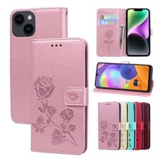 Custodia per telefono in pelle PU con vibrazione rosa goffrata per iPhone 15 (oro rosa)