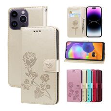 Custodia per telefono in pelle PU con vibrazione rosa goffrata per iPhone 15 Pro (oro)