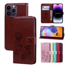 Custodia per cellulare in pelle PU con stampa in rilievo rosa per iPhone 15 Pro (marrone)