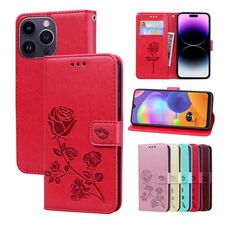 Custodia per cellulare in pelle PU con stampa in rilievo rosa per iPhone 15 Pro (rossa)