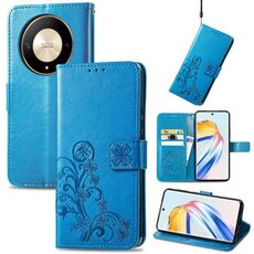 Custodia per telefono in pelle goffrata con chiusura a quattro foglie per Honor X9b (blu)