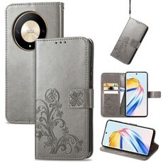 Custodia per telefono in pelle goffrata con chiusura a quattro foglie per Honor X9b (grigio)