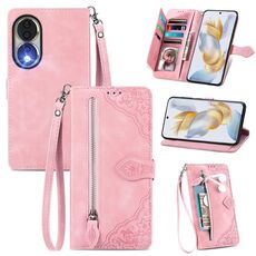 Custodia per telefono in pelle con cerniera fiore goffrato per Honor 90 (rosa)