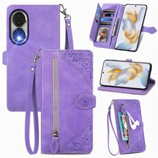 Custodia per telefono in pelle con cerniera fiore goffrato per Honor 90 (viola)