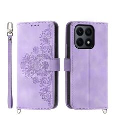 Custodia per telefono in pelle a portafoglio con fiori in rilievo per Honor X8b (viola)