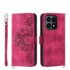Custodia per telefono in pelle a portafoglio con fiori in rilievo per Honor X8b (vino rosso)