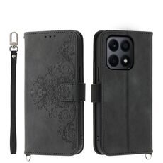 Custodia per telefono in pelle a portafoglio con fiori in rilievo per Honor X8b (nera)