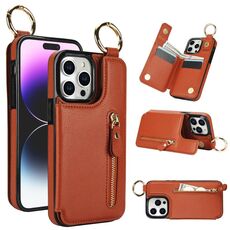 Per iPhone 15 Pro Custodia per cellulare con texture litchi con cerniera e doppia fibbia (marrone)