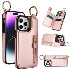 Per iPhone 15 Pro Custodia per telefono con cerniera con doppia fibbia e texture litchi (oro rosa)