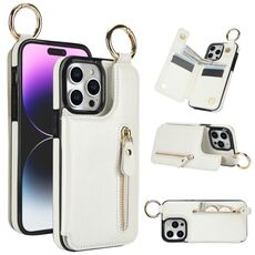 Per iPhone 15 Pro Custodia per telefono con cerniera con doppia fibbia e texture Litchi (bianca)