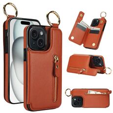 Per iPhone 15 Custodia per cellulare con cerniera con doppia fibbia e texture litchi (marrone)