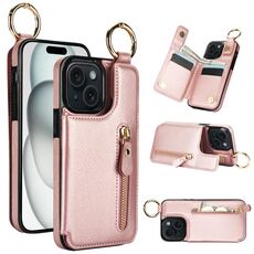 Per iPhone 15 Custodia per cellulare con cerniera con doppia fibbia e texture litchi (oro rosa)