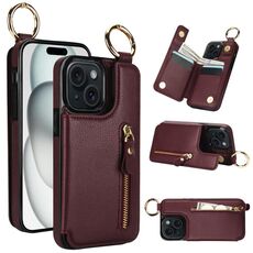 Per iPhone 15 Custodia per telefono con cerniera con doppia fibbia e texture litchi (rosso bordeaux)