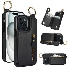 Per iPhone 15 Custodia per cellulare con cerniera con doppia fibbia e texture Litchi (nera)