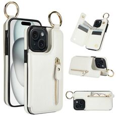 Per iPhone 15 Custodia per telefono con cerniera con doppia fibbia e texture Litchi (bianca)