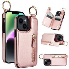 Per iPhone 14 Plus Custodia per cellulare con cerniera con doppia fibbia e texture litchi (oro rosa)