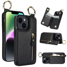 Per iPhone 14 Plus Custodia per cellulare con cerniera con doppia fibbia e texture litchi (nera)