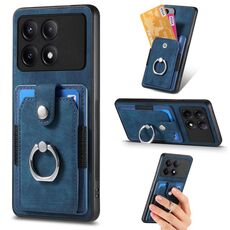Per Xiaomi Redmi K70E Custodia per telefono a portafoglio con carta ad anello retrò con sensazione di pelle (blu)