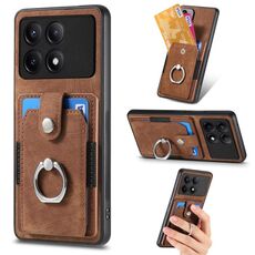 Per Xiaomi Redmi K70E Custodia per telefono a portafoglio con carta ad anello effetto pelle retrò (marrone)