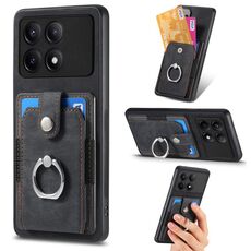 Per Xiaomi Redmi K70E Custodia per telefono a portafoglio con carta ad anello retrò con sensazione di pelle (nera)