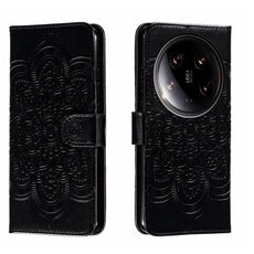 Per Xiaomi 14 Custodia in pelle per telefono con motivo in rilievo Mandala Ultra Sun (nera)