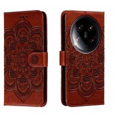 Per Xiaomi 14 Custodia in pelle per telefono con motivo in rilievo Mandala Ultra Sun (marrone)