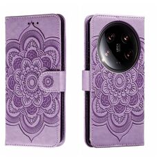 Custodia in pelle per telefono con motivo in rilievo Mandala Ultra Sun per Xiaomi 14 (viola)