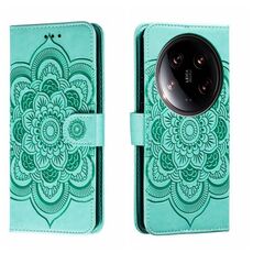 Per Xiaomi 14 Custodia in pelle per telefono con motivo in rilievo Mandala Ultra Sun (verde)
