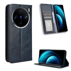 Custodia per telefono in pelle con texture retrò con fibbia magnetica per vivo X100 5G (blu)