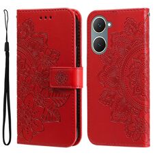 Custodia per telefono in pelle con stampa a 7 petali di fiori per vivo Y03 4G (rossa)