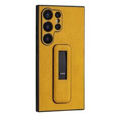 Custodia per telefono antiurto con staffa push-pull in pelle PU per Samsung Galaxy S24 Ultra 5G (giallo)