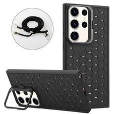 Custodia per telefono in TPU con supporto radiante a nido d'ape per Samsung Galaxy S24 Ultra 5G con cordino (nero)