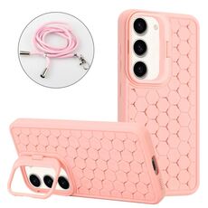 Per Samsung Galaxy S23+ 5G Custodia per telefono in TPU con supporto radiante a nido d'ape con cordino (rosa)