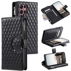 Per Samsung Galaxy S22 Ultra 5G Glitter Lattice Custodia a portafoglio in pelle con cerniera (Nero)