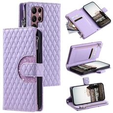 Per Samsung Galaxy S22 Ultra 5G Glitter Lattice Custodia a portafoglio in pelle con cerniera (Viola)