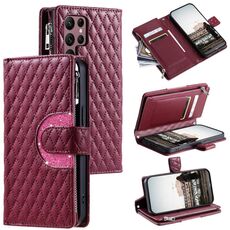 Per Samsung Galaxy S22 Ultra 5G Glitter Lattice Custodia a portafoglio in pelle con cerniera (Vino Rosso)