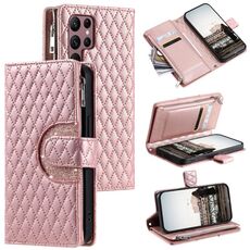 Per Samsung Galaxy S22 Ultra 5G Glitter Lattice Custodia a portafoglio in pelle con cerniera (oro rosa)