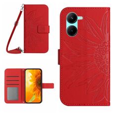 Per vivo Y03 4G Skin Feel Custodia per cellulare in pelle con motivo Sun Flower in rilievo con cordino (Rosso)