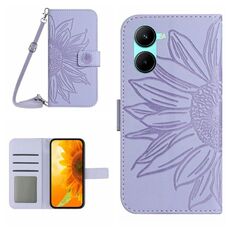 Per vivo Y03 4G Skin Feel Custodia per cellulare in pelle con motivo fiore del sole in rilievo con cordino (viola)