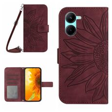Per vivo Y03 4G Skin Feel Custodia per cellulare in pelle con motivo fiore del sole in rilievo con cordino (vino rosso)