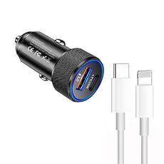 Caricabatteria da auto USB P19 PD20W USB-C + QC18W in metallo con cavo dati da tipo C a 8 pin (nero)