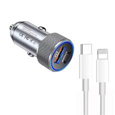 Caricabatteria da auto USB P19 PD20W USB-C + QC18W in metallo con cavo dati da Type-C a 8 pin (grigio argento)