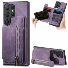 Custodia per telefono posteriore con cerniera in pelle retrò per Samsung Galaxy S24 Ultra 5G (viola)