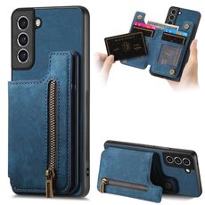 Custodia per telefono posteriore con cerniera in pelle retrò per Samsung Galaxy S23+ 5G (blu)