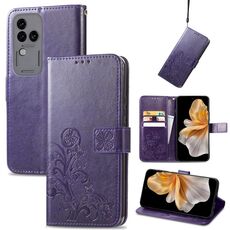 Custodia per telefono in pelle goffrata con chiusura a quattro foglie per vivo S18 Pro (viola)